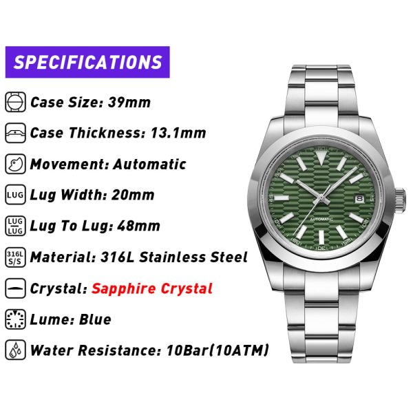 PHYLIDA 39mm Watch - Green Dial Mens Automatic Timepiece - Beryl Watch